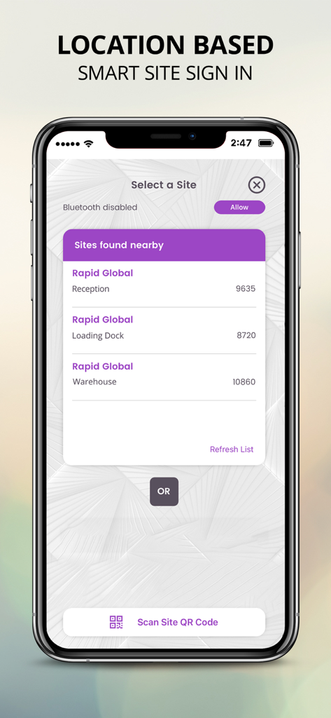 Rapid Access - Rapid Access app screen displaying location-based smart site sign-in with a list of nearby sites and a QR code scan option.