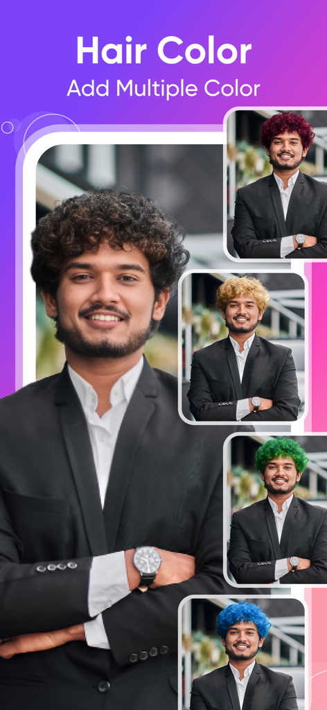 AI Hair Changer - Color Change - Interfaz de la aplicación AI Hair Changer mostrando a un hombre con cabello rizado en varios colores, incluyendo rubio rojo, verde y azul