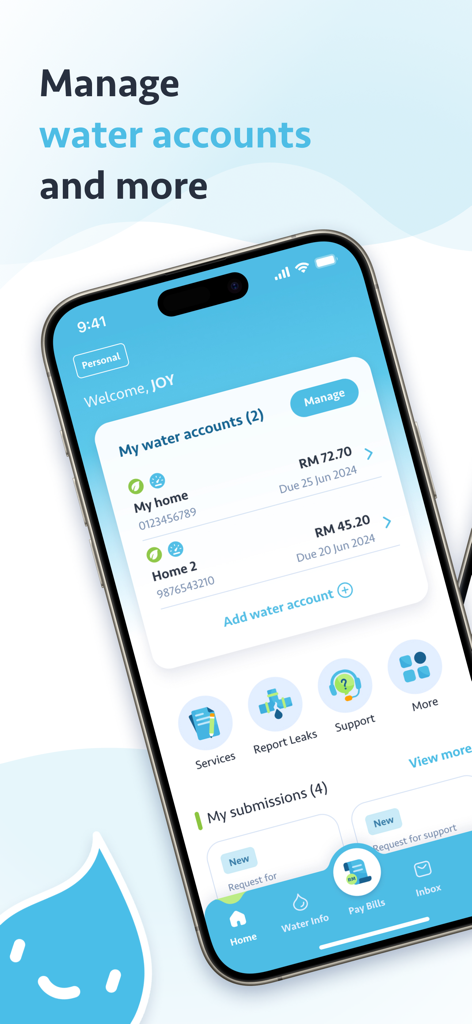 Air Selangor 2.0 App-Oberfläche mit Wasserkontenverwaltung und Rechnungsdetails