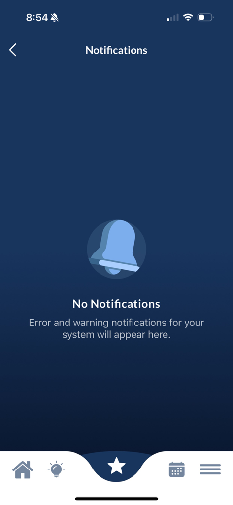 OmniLogic - OmniLogic app notifications screen showing no active error or warning alerts.