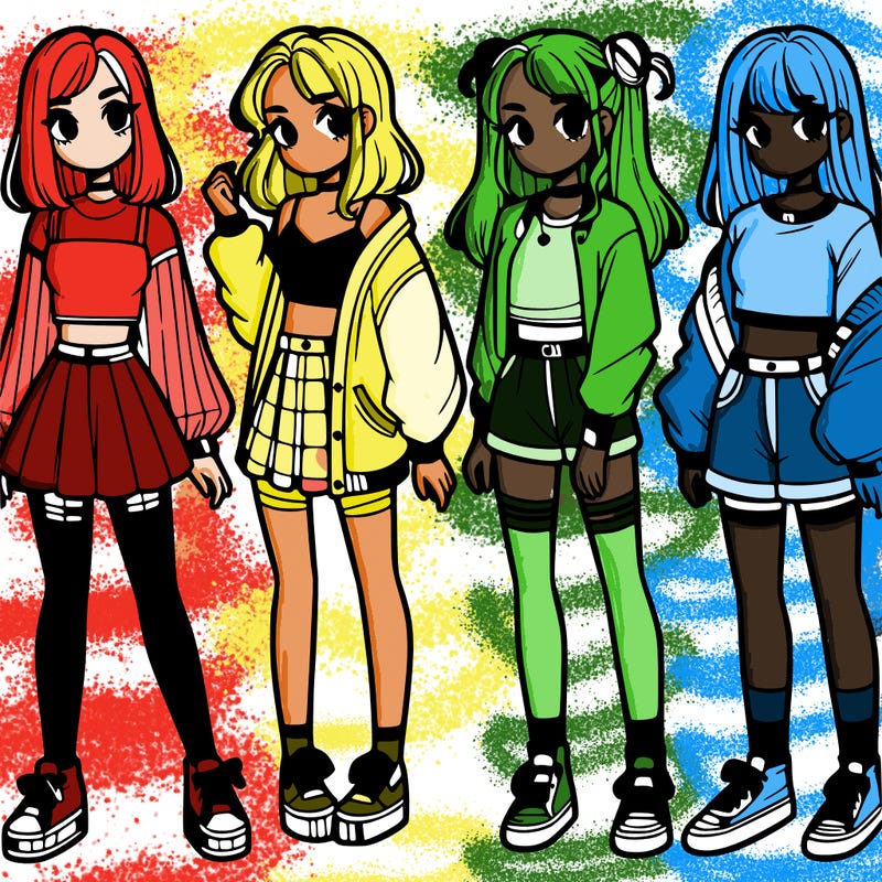 one girl with crop-top shirt and a jacket with a skirt, long socks and another girl with a shirt and pants with a jacket