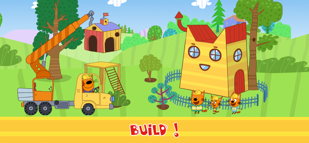 Kid-E-Cats: Building Car Games - Kid-E-Cats characters and a crane truck building a cat-shaped house.
