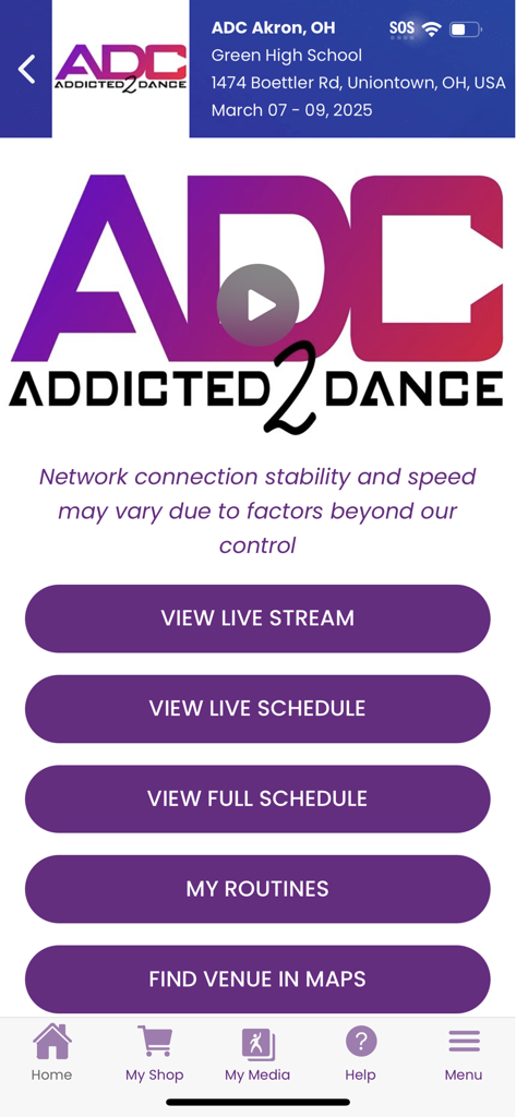 DanceBUG app dashboard for a dance competition event with live stream and schedule buttons