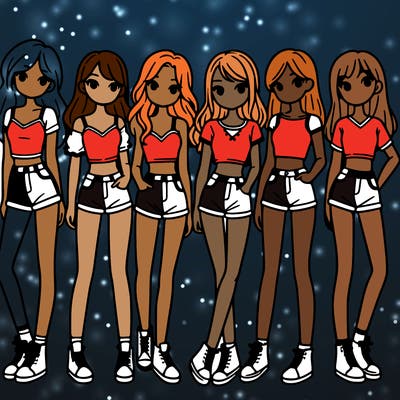 a group of girls wearing crop tops and shorts