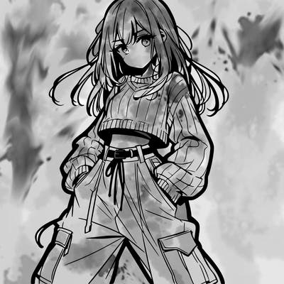 anime teen girl with baggy pants and crop top with sweater