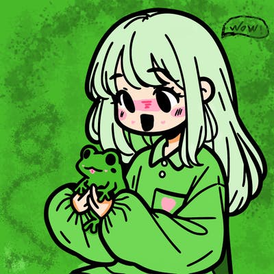 girl with long hair and a oversized shirt. and she is holding a frog