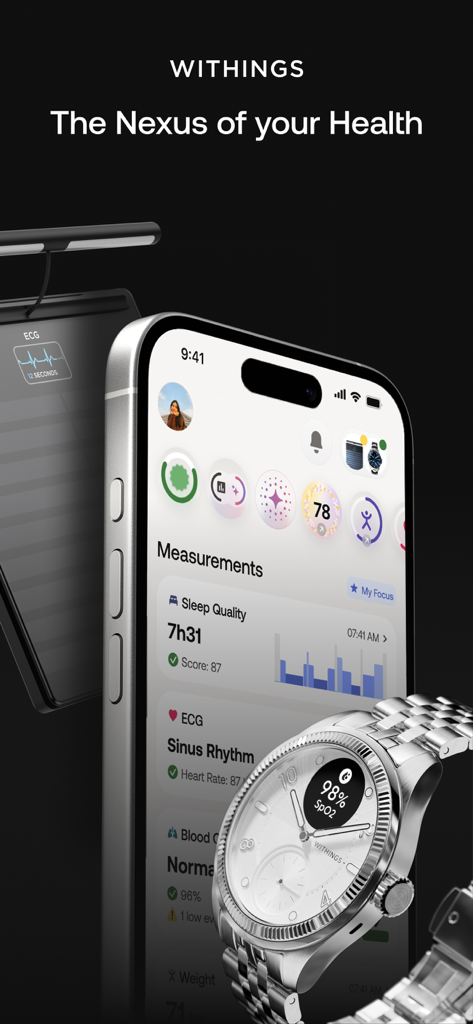 Withings - Smartphone zeigt das Withings Health App Dashboard mit Schlaf- und EKG-Messwerten neben einer Withings Smartwatch