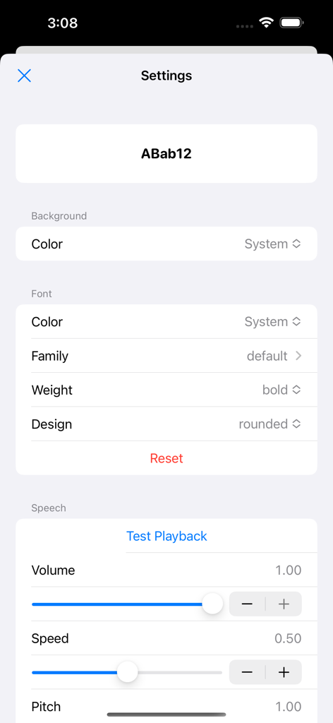 Pantalla de configuración de la aplicación Widget de Texto Grande con opciones de estilo de fuente y controles de reproducción de voz