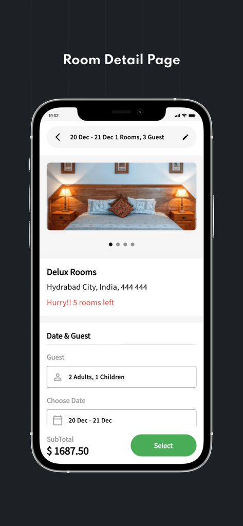 QloApps Hotel App Builder - QloAppsホテルアプリビルダーの部屋詳細画面。ホテルの部屋情報と予約オプションが表示されます