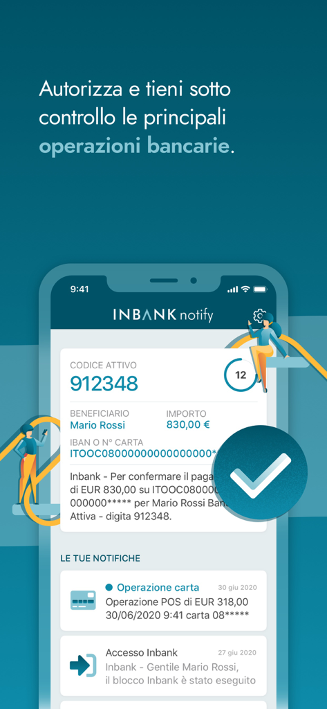 Inbank notify mobile interface showing a secure transaction authorization code and banking activity notifications on an iPhone screen.