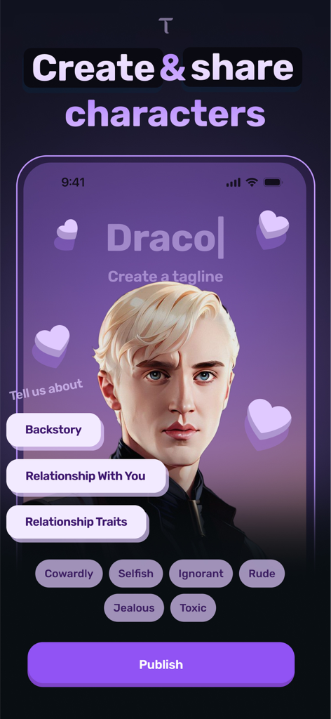 Dippy AI app interface for creating and customizing an AI character named Draco with personality traits and backstory options