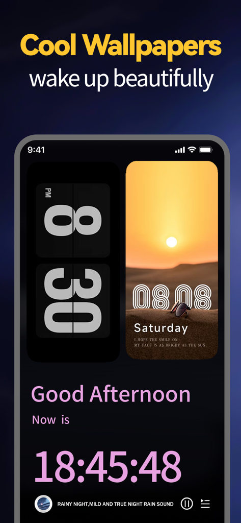 Una pantalla de smartphone con widgets de reloj minimalistas y un fondo de pantalla de atardecer de la aplicación Reloj Despertador Inteligente.