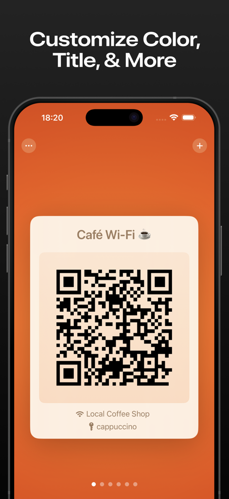 Quick Codes – QR Code Creator - A customized QR code for a cafe wifi network showing custom title and colors on an iPhone screen