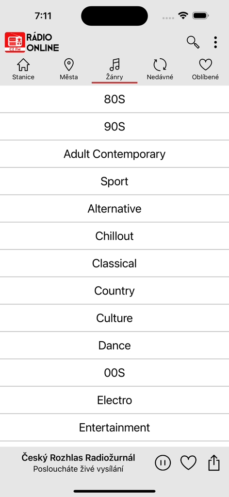 Rádio Online Česká - Captura de ecrã da aplicação Rádio Online República Checa mostrando uma lista de géneros musicais, incluindo anos 80, 90 e Adult Contemporary