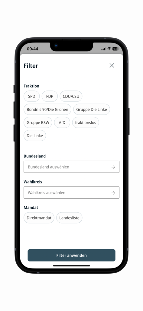 Deutscher Bundestag - 정당 및 지역 옵션을 보여주는 Deutscher Bundestag 앱의 검색 필터 인터페이스