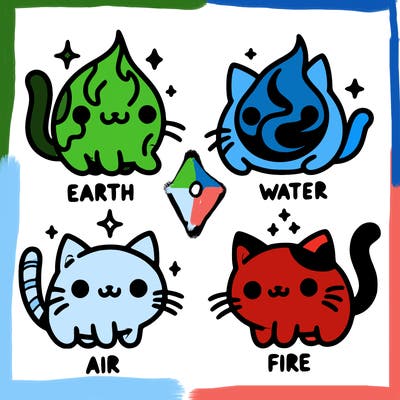 4 cats that represent the different elements, earth, water, air, and fire