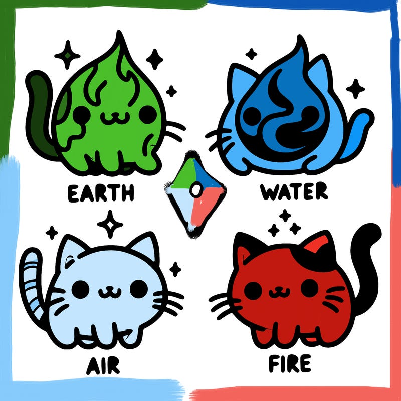 4 cats that represent the different elements, earth, water, air, and fire