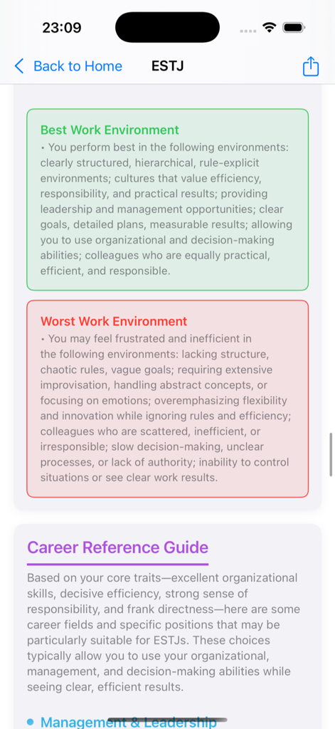 HoopMBTI app screen showing the career reference guide and work environment analysis for the ESTJ personality type