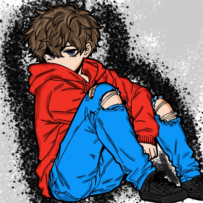 a male hoddie ripped jeans messy hair anime