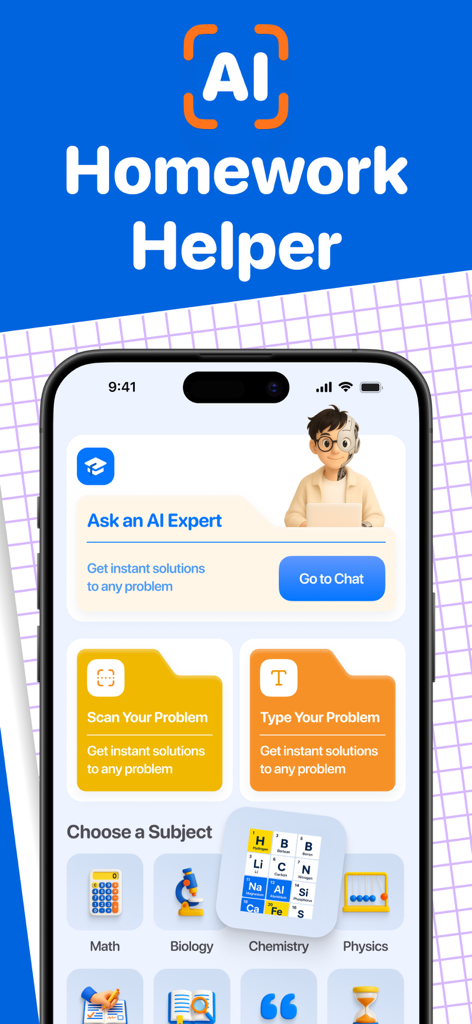 スマートフォン画面に、問題のスキャンまたは入力を求めるオプションと学校の科目のリストが表示されたHomework Helper AI Solverアプリのインターフェイスが表示されています。