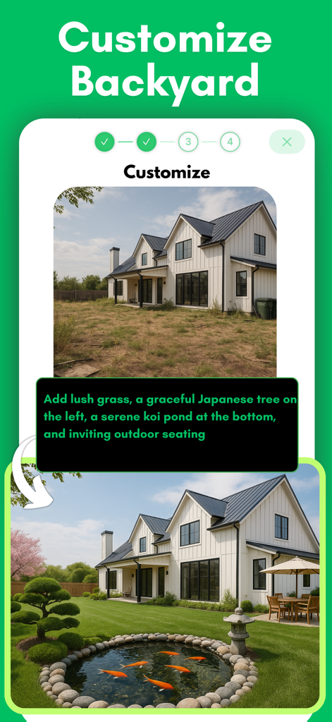 AI Garden Design: AI Landscape - A before and after comparison of a dry backyard transformed into a lush landscape with a koi pond and Japanese tree using AI.