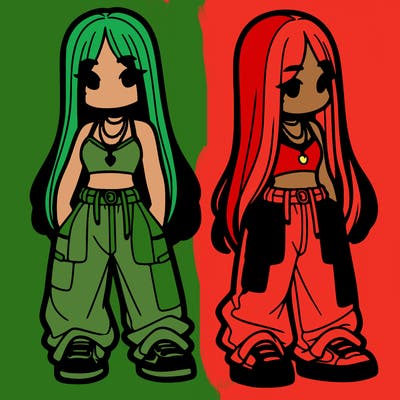 girl in baggy pants crop top and long hair