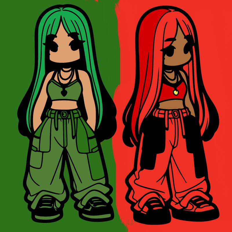 girl in baggy pants crop top and long hair