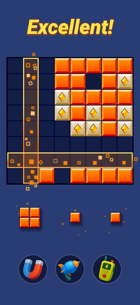 ブロックブレイカーパズルゲームのスクリーンショット。下部にパワーアップアイコンが表示されたグリッド上でオレンジ色のブロックがクリアされている様子を示しています。