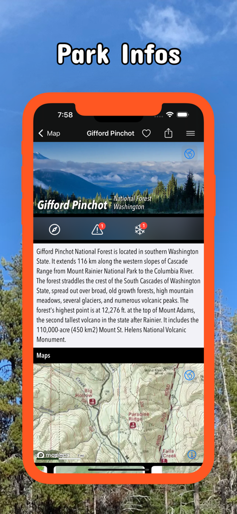 Pantalla de la aplicación Bosques Nacionales del Noroeste mostrando información y mapas topográficos para el Bosque Nacional Gifford Pinchot.