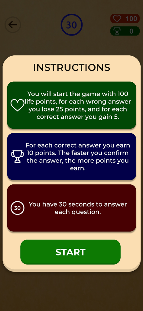 Who am I? (Biblical) - Anleitungsbildschirm für das biblische Wer-bin-ich-Trivia-Spiel mit Lebenspunkten, Wertung und Timer-Regeln