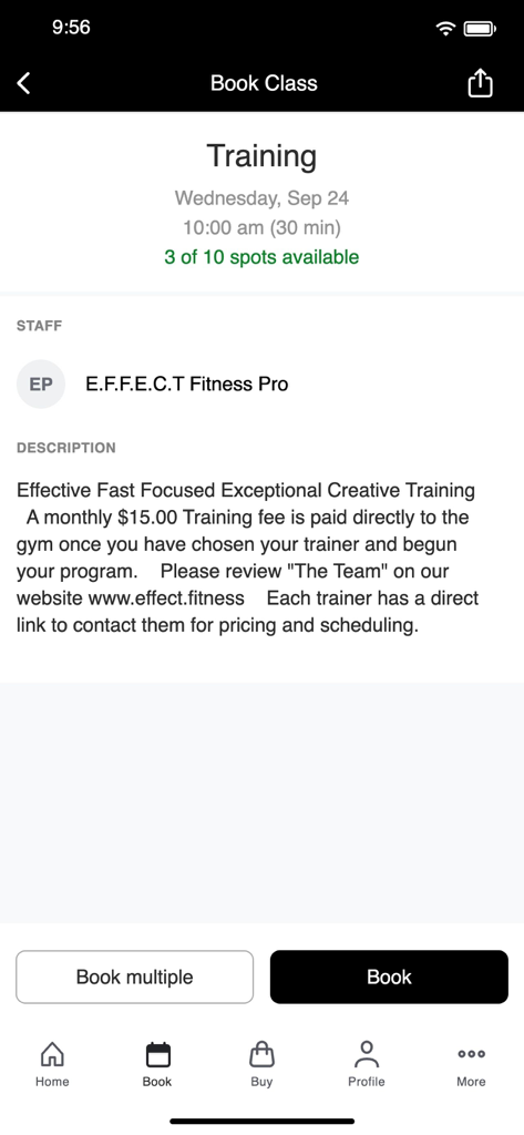 Effect Fitness Atlanta - Effect Fitness Atlantaモバイルアプリの画面。日付、時間、空き状況を含むトレーニングクラスの予約の詳細を表示。