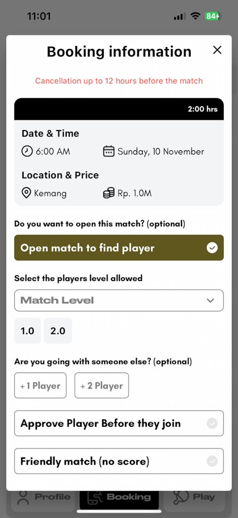 Milos Padel - Milos Padel app screen displaying match booking information including date time location and player preferences
