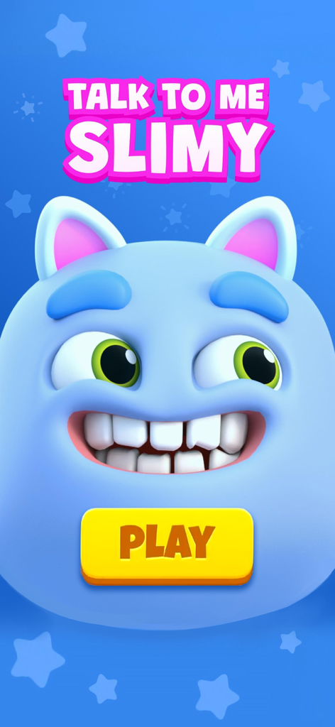 Menu principal do aplicativo Talk to me Slimy com um personagem azul sorridente e um botão de play amarelo