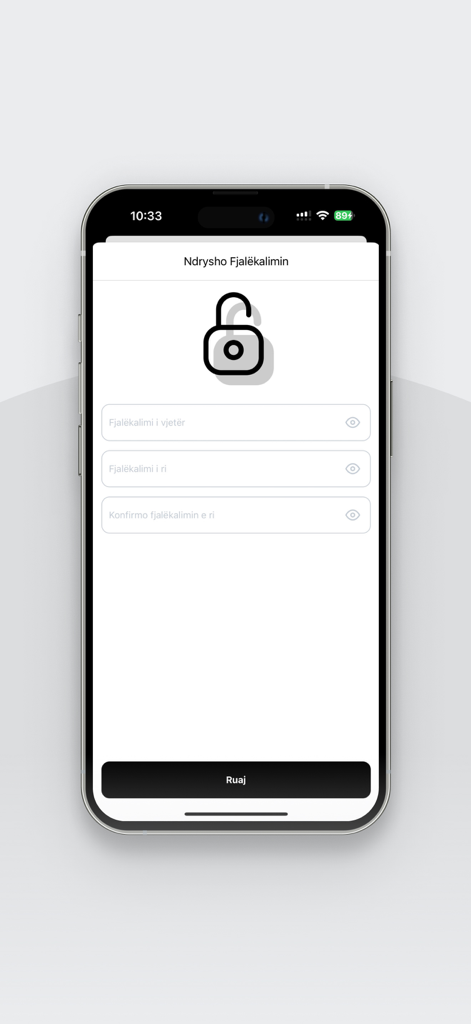 Mundësia - Change password interface in the Mundesia political app with fields for old and new passwords in Albanian