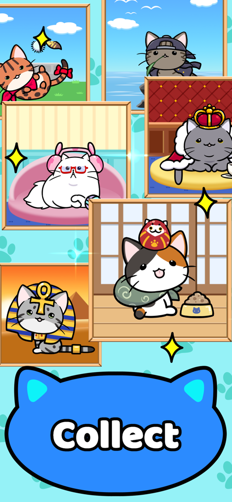 Cat Condo 2 - A collection of cute cats in various costumes like a king, pharaoh, and ninja with a large button that says Collect