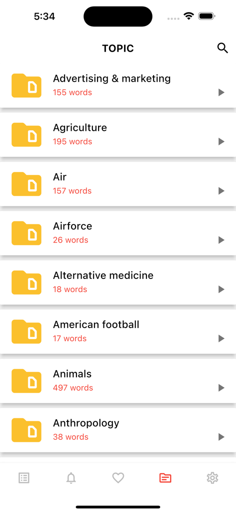 English dictionary app screen showing a list of vocabulary categories by topic with word counts