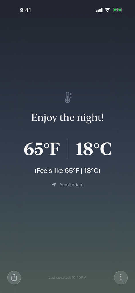 40 Below - 40 Belowアプリのインターフェースで、アムステルダムの同時華氏・摂氏（セルシウス）温度表示が表示されています。