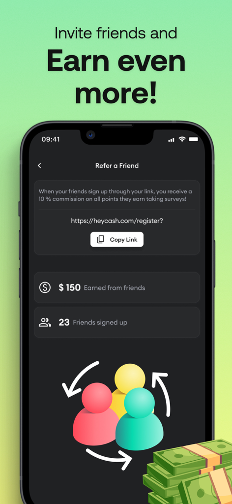 HeyCash - Earn Free Cash Now - Pantalla del programa de referidos de la aplicación HeyCash mostrando una comisión del 10 por ciento sobre las ganancias de encuestas de amigos y el total de efectivo ganado por referidos