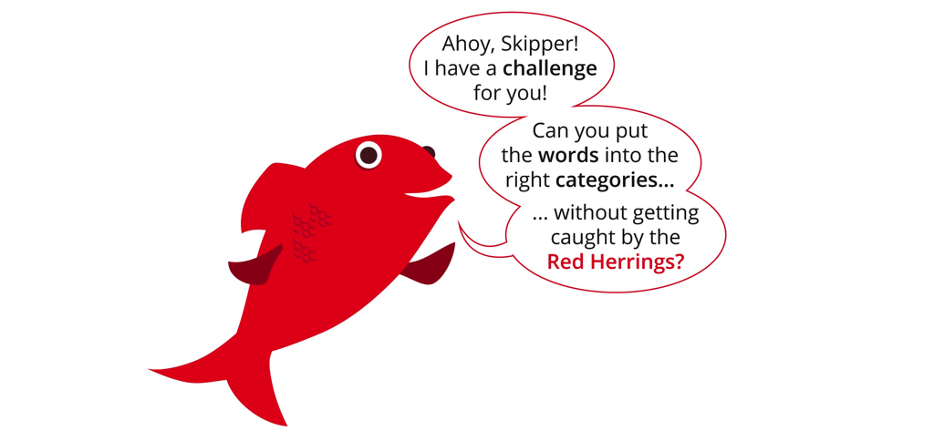 Red Herring - Red fish character introducing the Red Herring word connection game challenge.