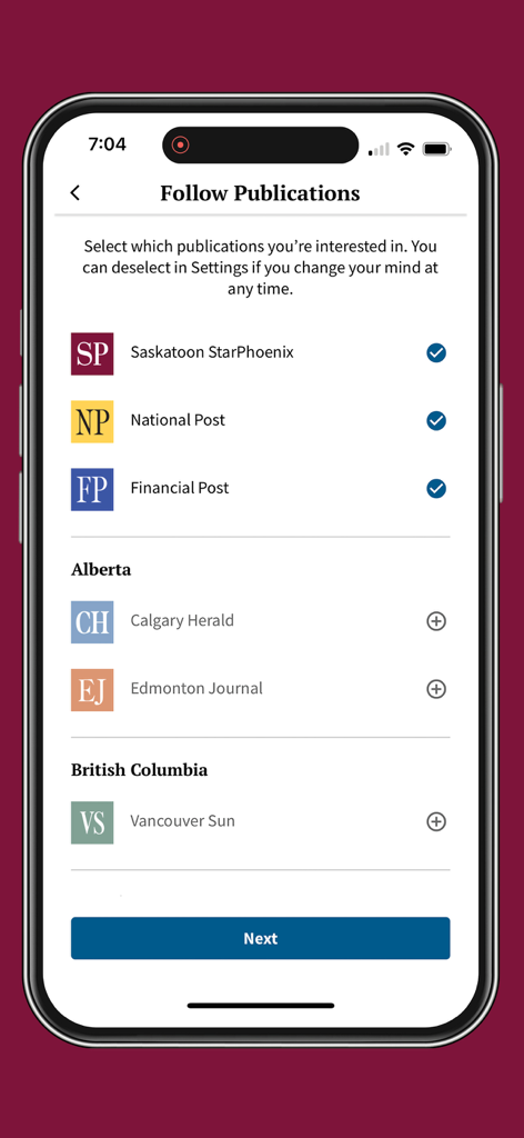 StarPhoenix - StarPhoenix app screen showing a list of news publications to follow including National Post and Financial Post
