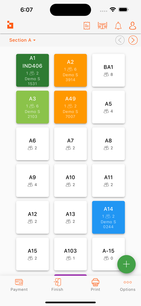 Digitory DigiPoS - Restaurant-Tischmanagement-Dashboard, das belegte und verfügbare Tische in einer Rasteransicht anzeigt.