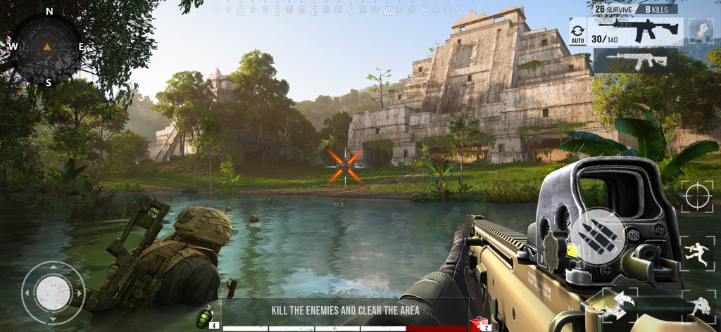 BattleStrike Commando Gun Game - Vista en primera persona de un soldado comando con un rifle en un río de jungla cerca de un templo antiguo.
