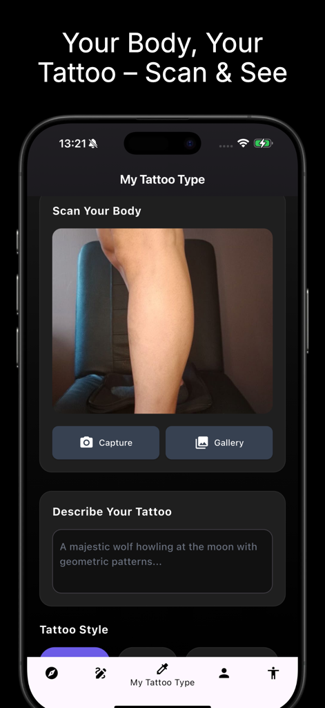 BlackInk app interface showing the body scan feature to visualize a custom tattoo design on a leg