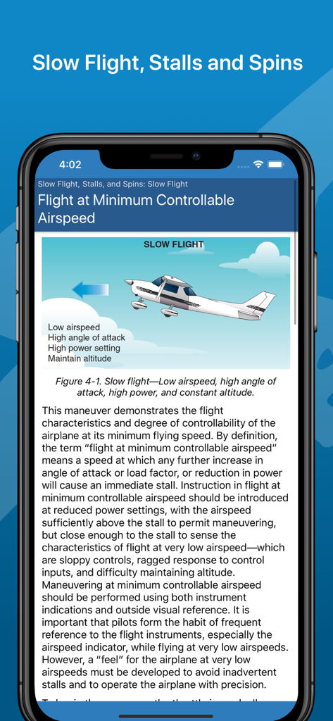 Tela do aplicativo Manual de Voo de Avião exibindo conteúdo instrucional para voo lento e velocidade mínima controlável