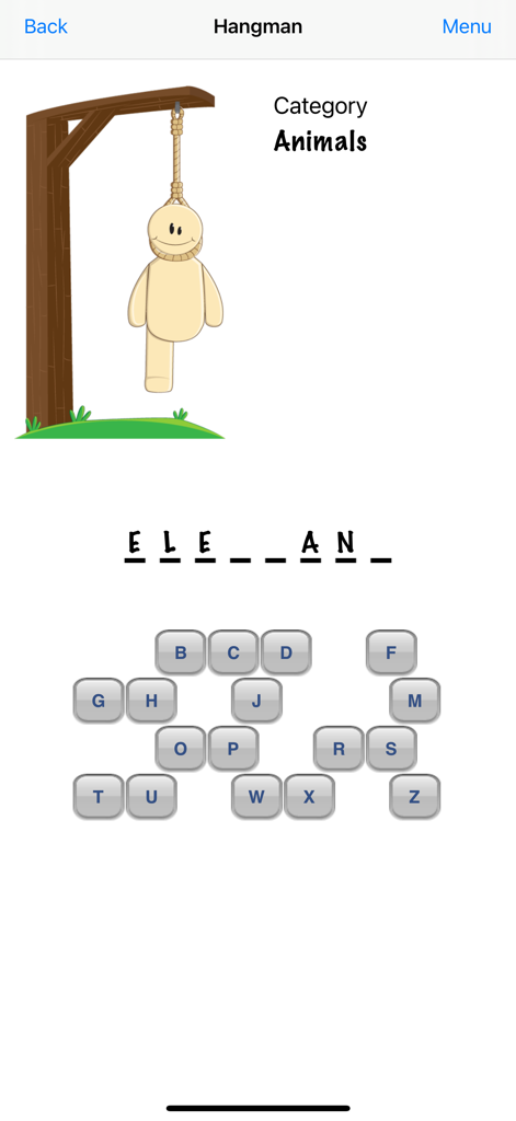 Hangman - The Best Game - Screenshot of the Hangman game interface showing a word puzzle in the Animals category