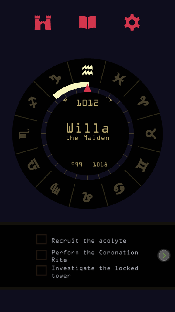 Reigns Her Majesty game interface showing a zodiac wheel with the characters name and a list of active royal challenges.