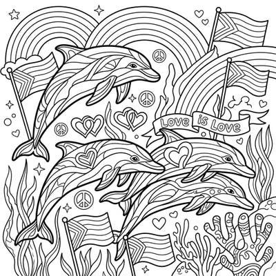 Immerse yourself in this joyful coloring page, perfect for teens, featuring lively dolphin pods celebrating Pride Month. Discover intricate patterns and inspiring symbols of love and diversity waiting for your creative touch.