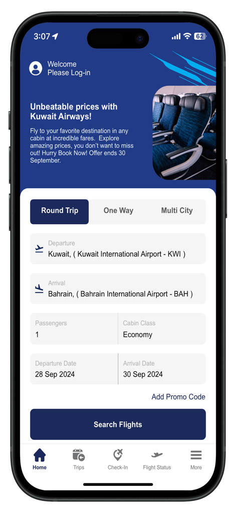 Kuwait Airways mobile app screen for searching and booking round trip flights.