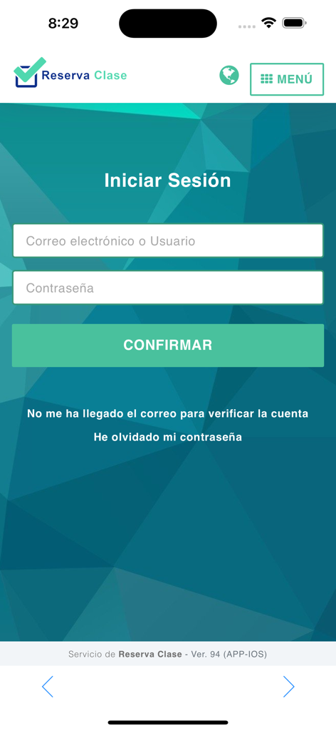 Pantalla de inicio de sesión de la aplicación Reserva Clase que muestra los campos de entrada de correo electrónico y contraseña y un botón de confirmación.