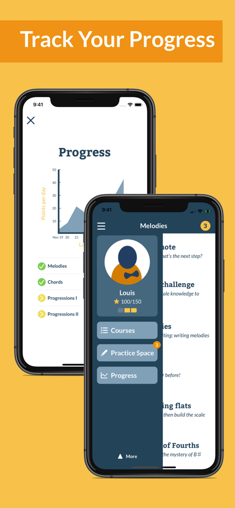 Waay: Learn music theory - The Waay app interface showing a user progress graph and course completion checklist for music theory lessons.